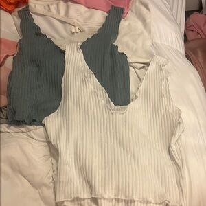 Women's Ribbed V-Neck Tops - White and Gray